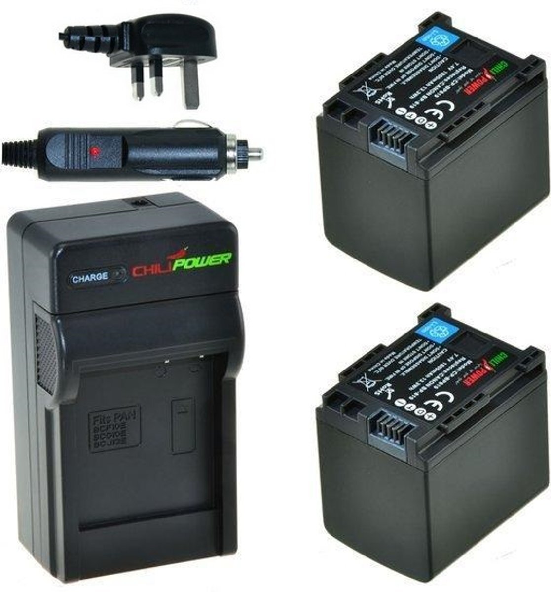 ChiliPower 2 x BP-819 accu's voor Canon - Charger Kit + car-charger - UK version 2 x BP-819 accu's voor Canon - Charger Kit + car-charger - UK version