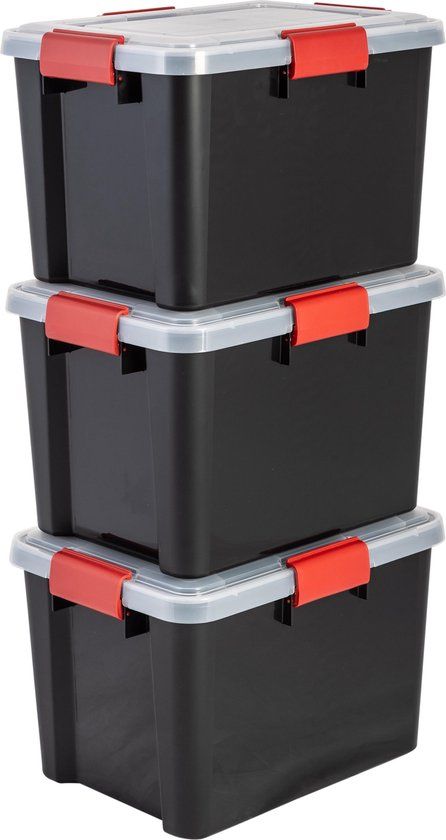 IRIS Airtight Opbergbox - 20L - Kunststof - Zwart/Rood - Set van 3