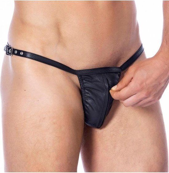 Rimba Bondage Play Leren String Slip - Zwart - Heren - One Size