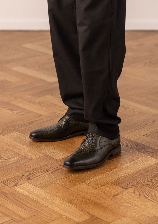 Manfield Heren Donkergroene Leren Croco Veterschoenen Maat 46