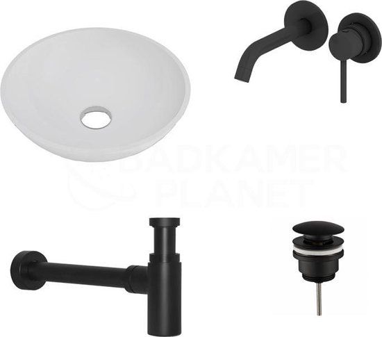 Sani Royal Solid Surface Waskomset Aquino Rond Mat Zwart Inbouwkraan 38x38x12 cm