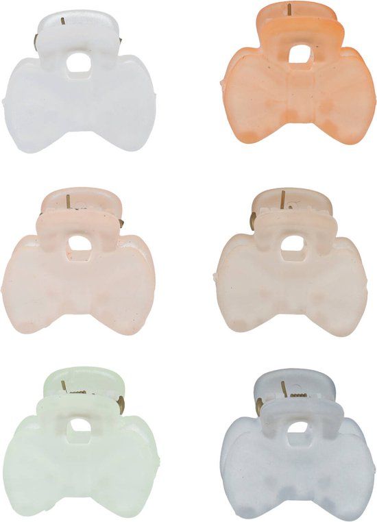 MustHaves Haarspeld Klemmen Strik 2,5cm Transparant Color Pastel - 6 stuks - Kunststof - Grijs/Roze/Groen/Wit/Oranje