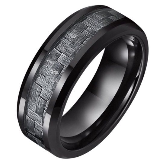 TJ Tom Jaxon Tom Jaxon Wolfraam heren ring zwart Glans Carbon Fibre Inlay-17mm