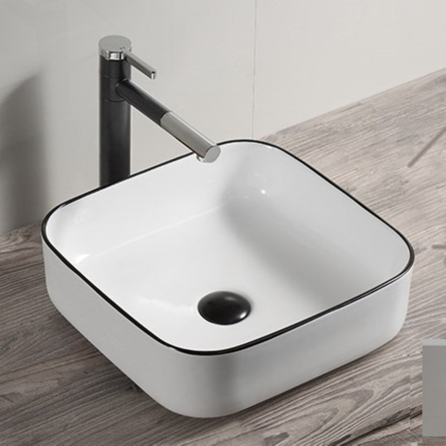 Boss & Wessing Premium Opbouw waskom 40x40x14 cm Keramiek Wit met Zwarte Lijn