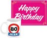 Bellatio Decorations Verjaardag cadeau koffiemok thema 80 jaar - voor een vrouw - stopbord - met knalroze Happy Birthday wenskaart - A5 formaat