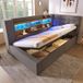 Lit Simple 90x190 Cm Avec Coffre De Rangement Hydraulique, Éclairage Led Et Ports Usb, Tête De Lit Réversible Avec Étagères, Tissu Lin Gris