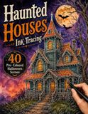 Haunted Houses Ink Tracing: 40 Pre-Colored Halloween Scenes to Trace with One Black Pen for Adults, Teens, Relaxation.