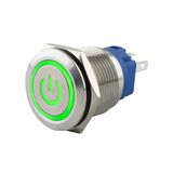 SeKi Roestvrij stalen drukknop Ø19mm tastend platte kop gekleurd verlicht powersymbool in groen soldeer/platte stekker 0,5x2,8 aansluiting; belknop
