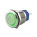 SeKi Roestvrij stalen drukknop Ø19mm tastend platte kop gekleurd verlicht powersymbool in groen soldeer/platte stekker 0,5x2,8 aansluiting; belknop