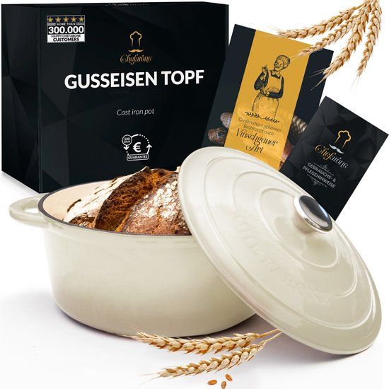 Chefarone Gietijzeren Braadpan 4.7L - Ø 26CM - Crème Wit - Inclusief Deksel - Voor Alle Warmtebronnen