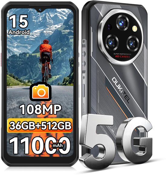 Oukitel OUKITEL WP62 Rugged Smartphone 5G - 36GB RAM - 512GB ROM - 6,6 inch FHD+ 120Hz - 11000mAh 33W - 108MP Camera - Android 15 - Dual SIM - IP68/IP69K Outdoor telefoon - NFC GPS OTG - Zwart