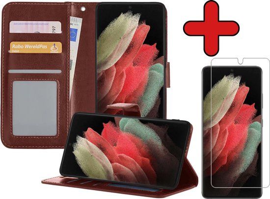 BTH Samsung Galaxy S21 Ultra Book Case - Brown - with Screen Protector