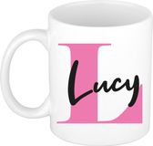 Bellatio Decorations Naam mok Lucy - roze - wit - keramiek - 300 ml - cadeau beker