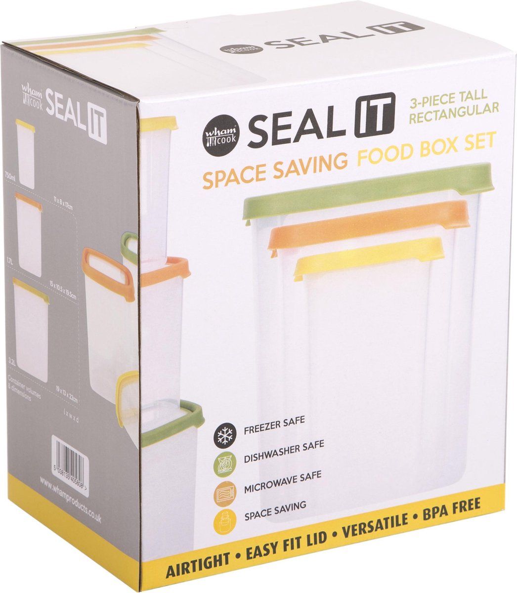 Wham Seal It Opbergbox Rechthoek - 3-delig - Transparant/Multicolor