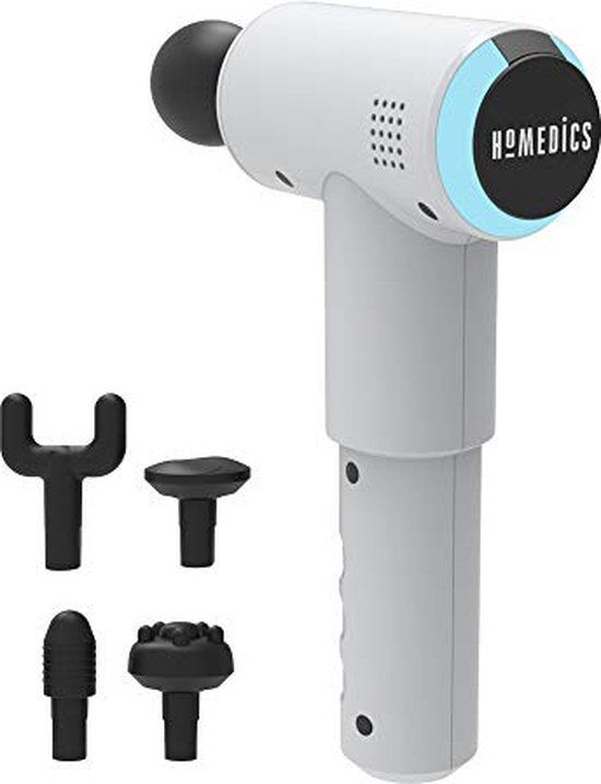 HoMedics Fysio Massagepistool - Professionele Elektrisch Pulserende Diepweefsel massagegun, Vibratiemassage voor Vastzittende Spieren, 5 Massagekoppen, Draadloos, Oplaadbaar Spiermassagepistool - Wit