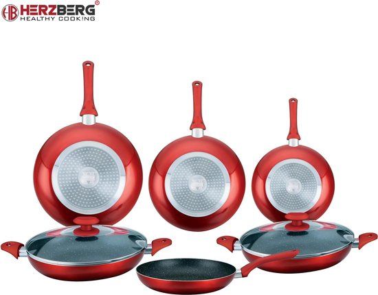Herzberg HG-6010 Pannenset - 8-delig - Rood - Marmercoating - Inductie - Bakpannenset