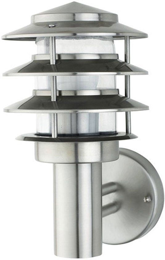 BES LED Kayo 2 - Buitenlamp - Wand - RVS - E27 - Rond - Chroom - 27.5cm
