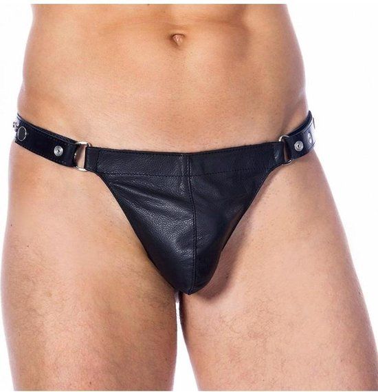 Rimba - Lederen Stripper String Met Verwijderbaar Voorfront - Zwart