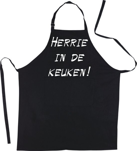 mijncadeautje Schort HERRIE IN DE KEUKEN - Mooie - grappige - leuke Keukenschort - Zwart