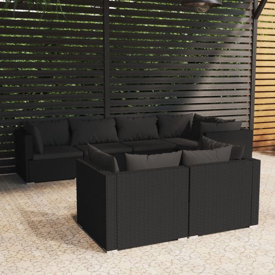 The Living Store Loungeset - Poly Rattan - Zwart - Hoekbank 70x70x60.5 cm - Middenbank 70x70x60.5 cm - 5 hoekbanken - 2 middenbanken - 7 zitkussens - 12 rugkussens