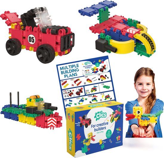 Clics 5 in 1 bouwblokken box – DUURZAAM SPEELGOED gemaakt van GERECYCLEERDE kunststof – bouwset 5 in 1 – speelgoed 3-12 jaar jongens en meisjes – educatief speelgoed – Montessori speelgoed – constructie speelgoed