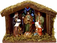 Merkloos / Sans marque Koopman International Verlichte kerststal - met 6 beelden - 20 x 8 x 15 cm - hout/keramiek