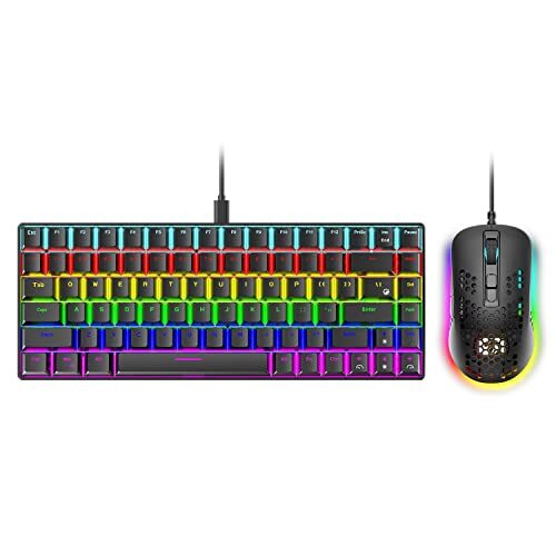 EXHNLE RGB Rainbow Gaming Toetsenbord en Muis Combo, 84 toetsen Backlit Computer Toetsenbord USB Bedraad Backlit Toetsenbord, voor Laptop PC Computerspel en Werk (Kleur: Zwart)