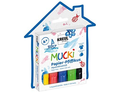 Kreul Mucki Paper Pfiffikus, 27155, 5 stiften aquarelstiften voor kinderen in geel, rood, blauw, groen en zwart, lijndikte 2-5 mm, voor indrukwekkende aquareleffecten