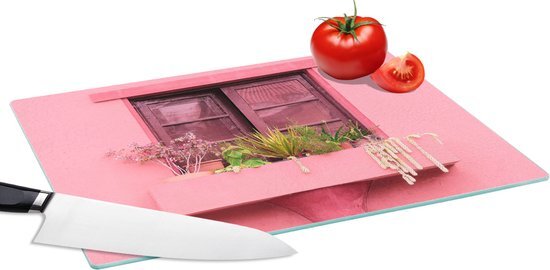 KitchenYeah Glazen Snijplank - 39x28 - Raam - Planten - Roze - Plantenbak - Snijplanken Glas