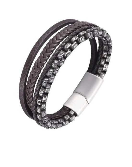 Walletstreet Armband Unisex - Bruin met RVS - Leer - 21 cm