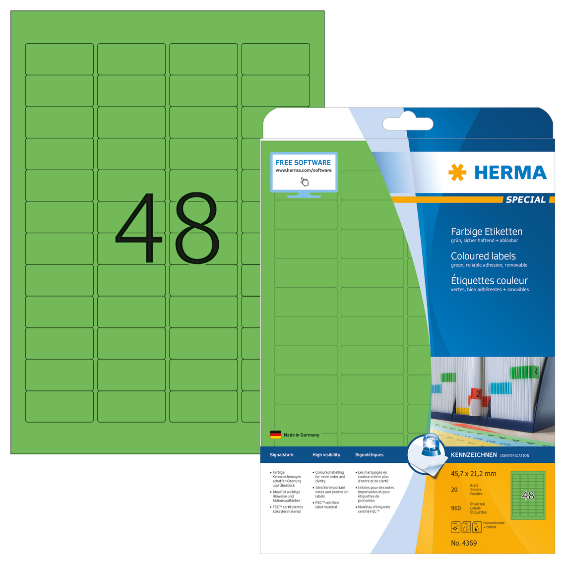 HERMA Etiketten groen 45.7x21.2 A4 960 st.