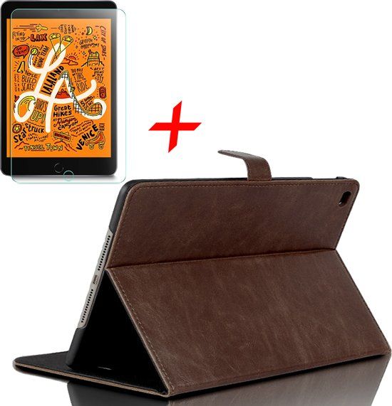 iCall iPad Mini (2019) Hoes + Screenprotector - Smart Book Case Lederen Hoesje - Donkerbruin