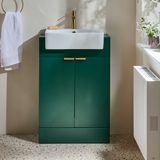Hudson Reed Meuble de salle de bain - Meuble vasque vert foncé 55cm avec lavabo | Poignées profilées en or satiné | Cluo