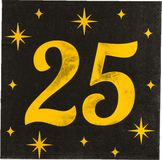 Paperdreams Verjaardag feest servetten - leeftijd 25 jaar - 16x stuks - zwart/goud - sterren - 33 x 33 cm