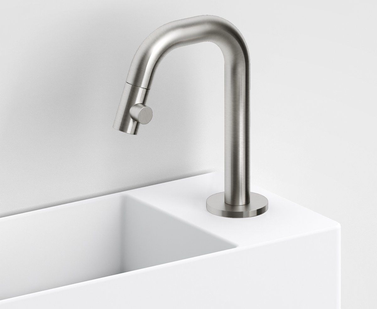 Clou Kaldur fonteinkraan met korte uitloop rechts rvs geborst. CL/06.05.004.41.R