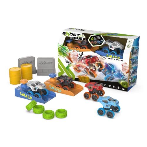 Exost Smash Pack 4 mini-wrijvingsauto's 8 cm met 2 boosters en andere accessoires, speelgoed om te verzamelen, vanaf 5 jaar, 20660