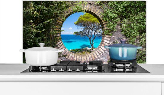 KitchenYeah Spatscherm keuken 100x50 cm - Kookplaat achterwand Zee - Boom - Tropisch - Doorkijk - Muurbeschermer - Spatwand fornuis - Hoogwaardig aluminium