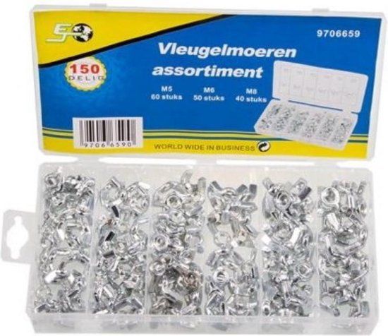 Merkloos Vleugelmoer Assortimentbox - M5, M6, M8 - 150 Stuks