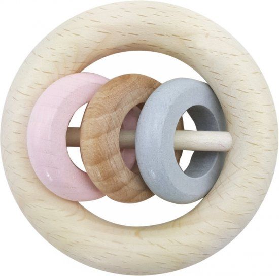 HESS Ronde rammelaar 3 Ringe roze - Hout - Roze/Naturel