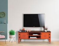 Stijlvolle oranje tv-unit, 150 cm breed, 40 cm hoog, 50 cm diep, 100% MDF met groene top en hoornbeam poten, modern design voor woonkamer en entertainmentruimtes