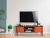 Stijlvolle oranje tv-unit, 150 cm breed, 40 cm hoog, 50 cm diep, 100% MDF met groene top en hoornbeam poten, modern design voor woonkamer en entertainmentruimtes