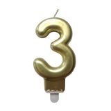 Homéa Birthday Candle Number 3 with Plastic Holder, H 7.5 cm, Gold Colored