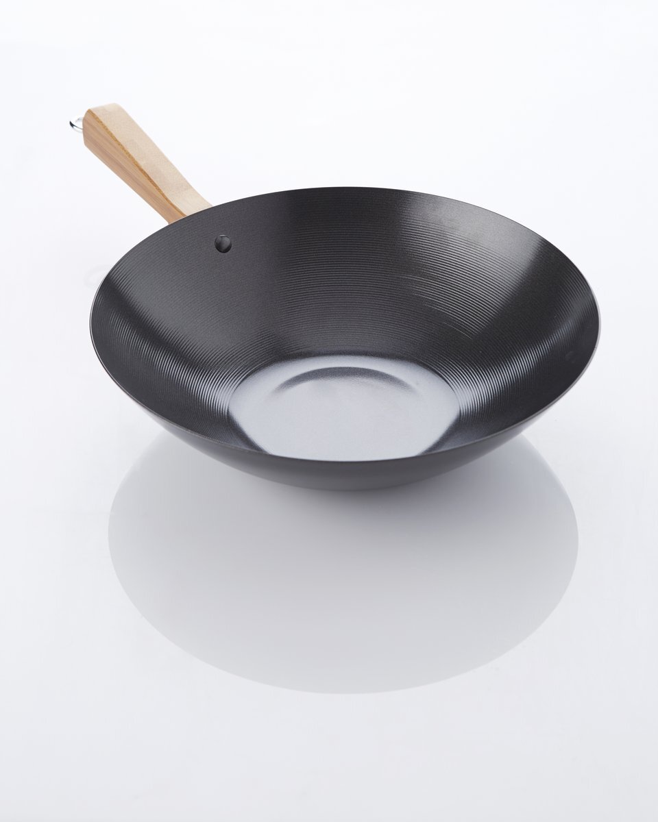 Point-Virgule Asia Wok - Uit Carbonstaal - Met antikleeflaag - Met bamboe handvat - 30 cm