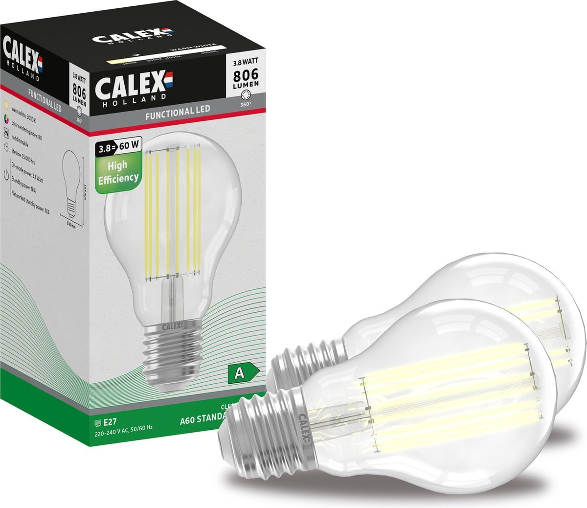 Calex Filament LED Lamp - Set van 2 stuks - 3.8W High Efficiënt A-Label Lamp - E27 Lichtbron - Wit Licht