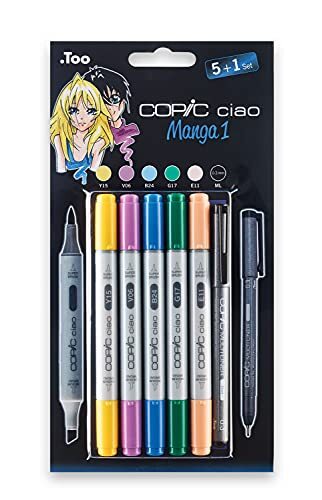 Copic Ciao Marker 5+1 Set "Manga 1", 5 alcohol gebaseerde allround lay-outmarkers met een gemiddelde breedte en een penseelpunt, incl. 1 multiliner 0,3 mm, kleurrijk