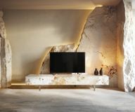 Meuble TV Cuor 200 cm Céramique Minas Melange Blanc-beige 1 clapet 1 tiroir Pied optique flottant Verre acrylique