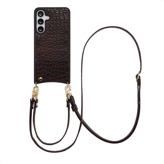 Selencia Hoesje - Geschikt voor Samsung Galaxy S25 FE - Croco Backcover met koord en pashouder - Choco Brown