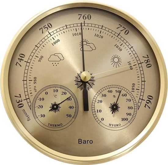 YONO Luxe Barometer Weerstation met Thermometer en Hygrometer - Messing Goudkleurig - Voor Binnen en Buiten