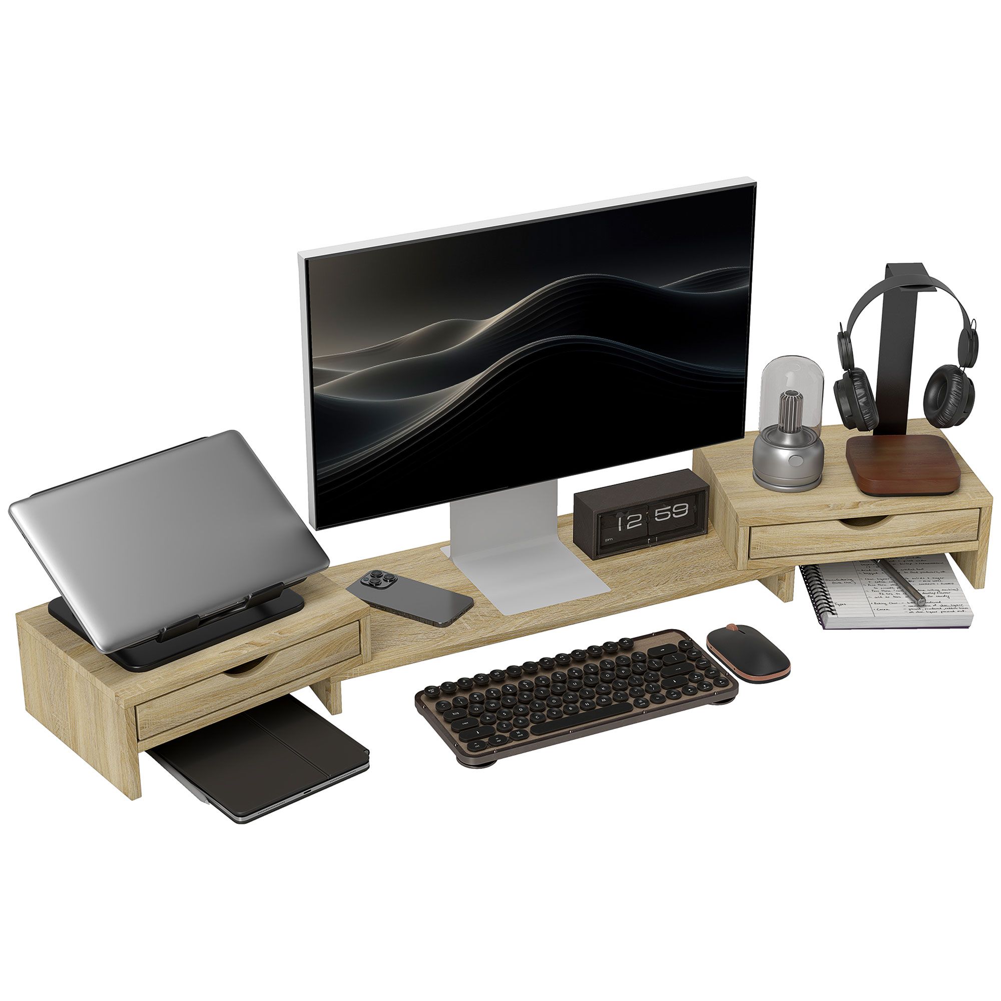 Homcom Computermonitor Buretstandaard, PC-schermverhoger, 60-116 cm, met 2 lades, Eiken Lengte