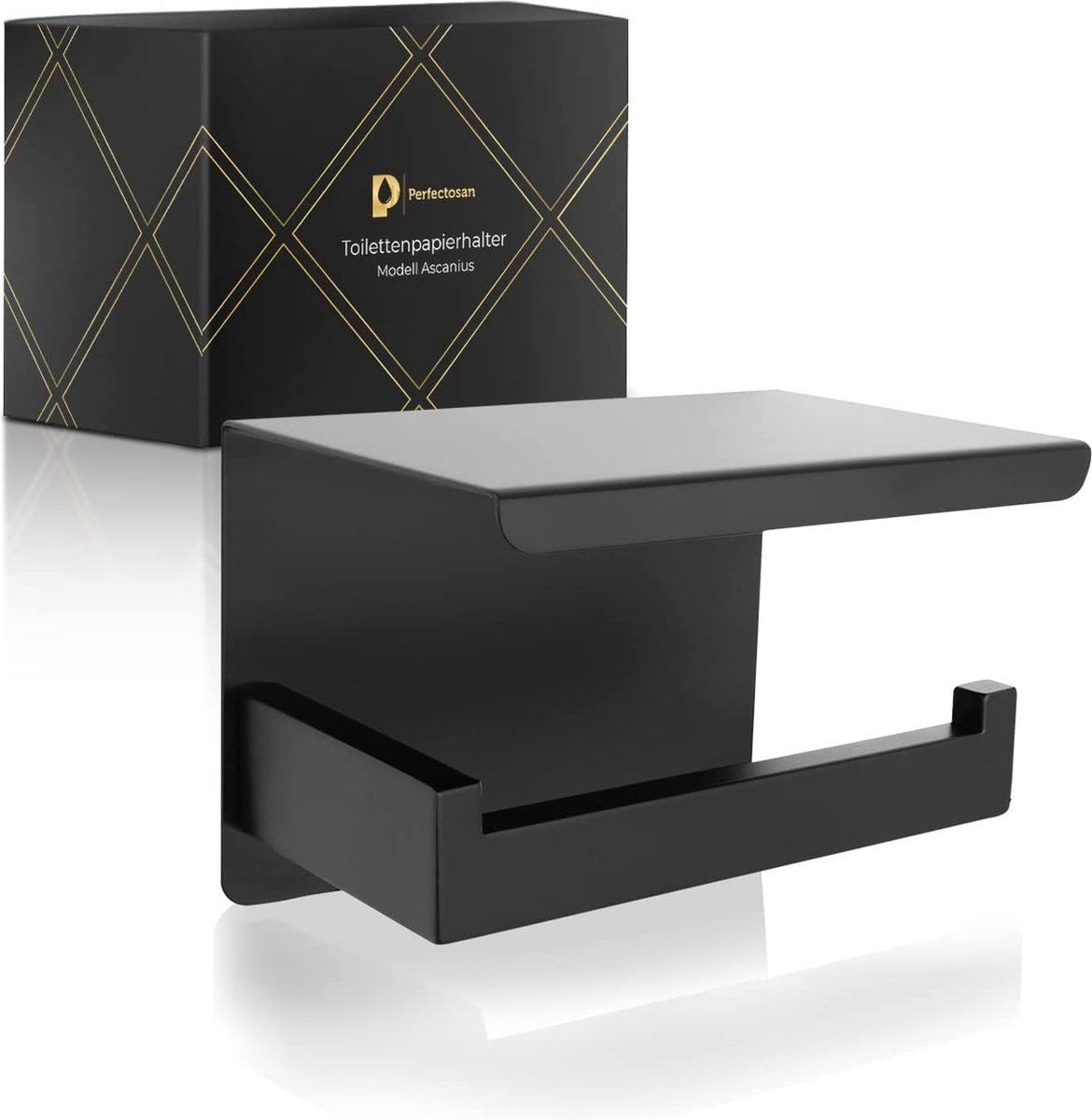 Perfectosan Toiletrolhouder zwart zonder boren met plankje | Superior-Collection | (Zwart)